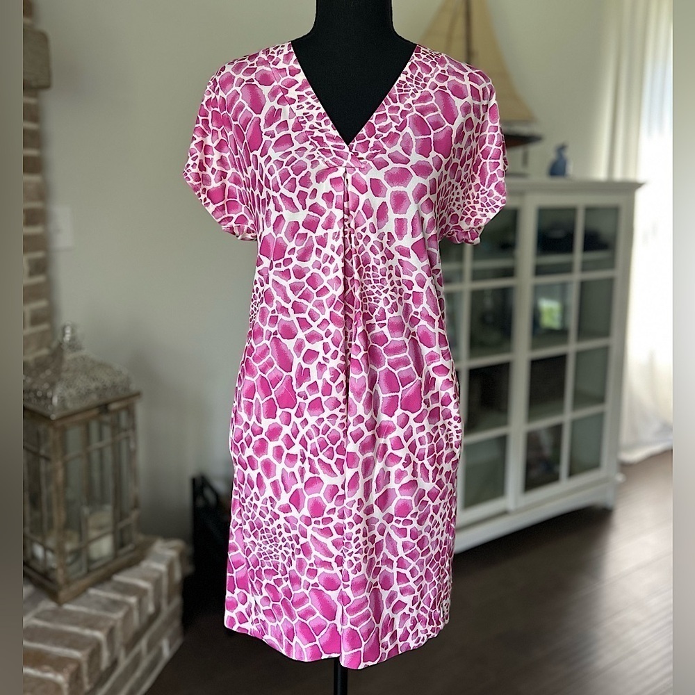 Hale Bob Jersey Mini Dress Pink White Animal Print Pockets Small Travel Vacay